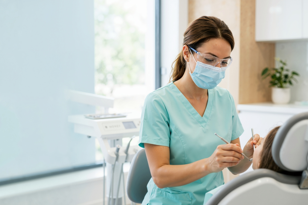 Female dentist wearing protective gear performing a routine dental check-up on a patient at a modern clinic in Windsor.