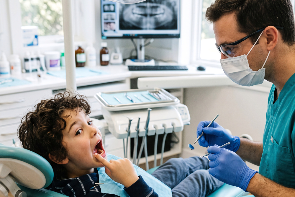Dentist in Windsor examining a young patient during a routine family dental checkup