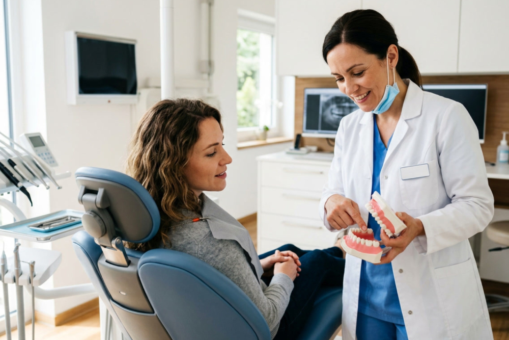 Dentist in Windsor showing a denture model to a patient during a consultation.