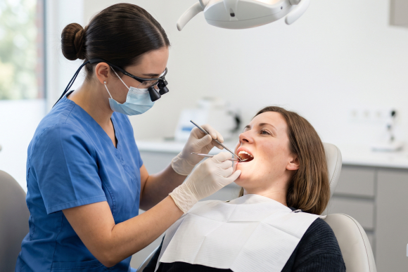 Dentist conducting a routine dental checkup and examination at a family clinic in LaSalle.