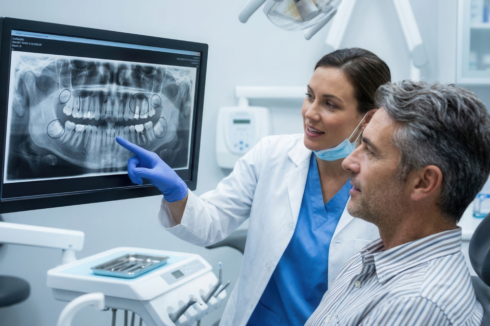 Dentist in Windsor pointing to a digital panoramic X-ray while explaining treatment options to a patient.
