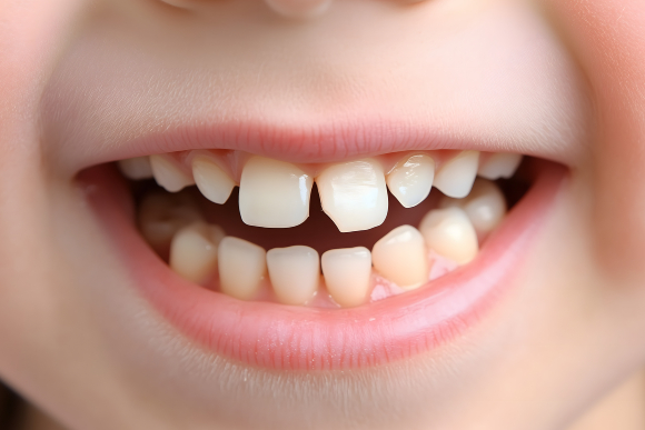 Close-up of a young child smiling, showing a small chip on the bottom edge of their front central incisor.